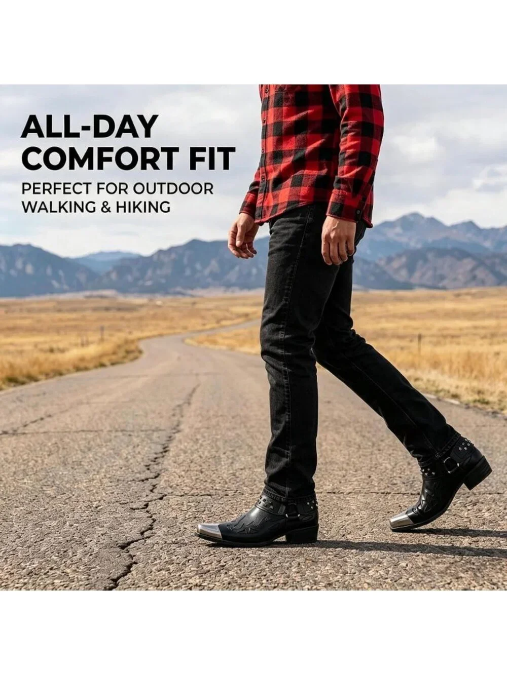 🆕Men's Black Western Chelsea Boots Studded Metal Toe Ankle Boots